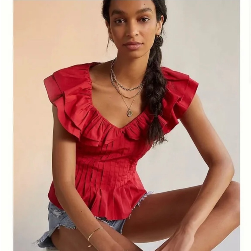 Anthropologie FOREVER THAT GIRL Red Pintuck Ruffle Blouse Top Size XS Peplum